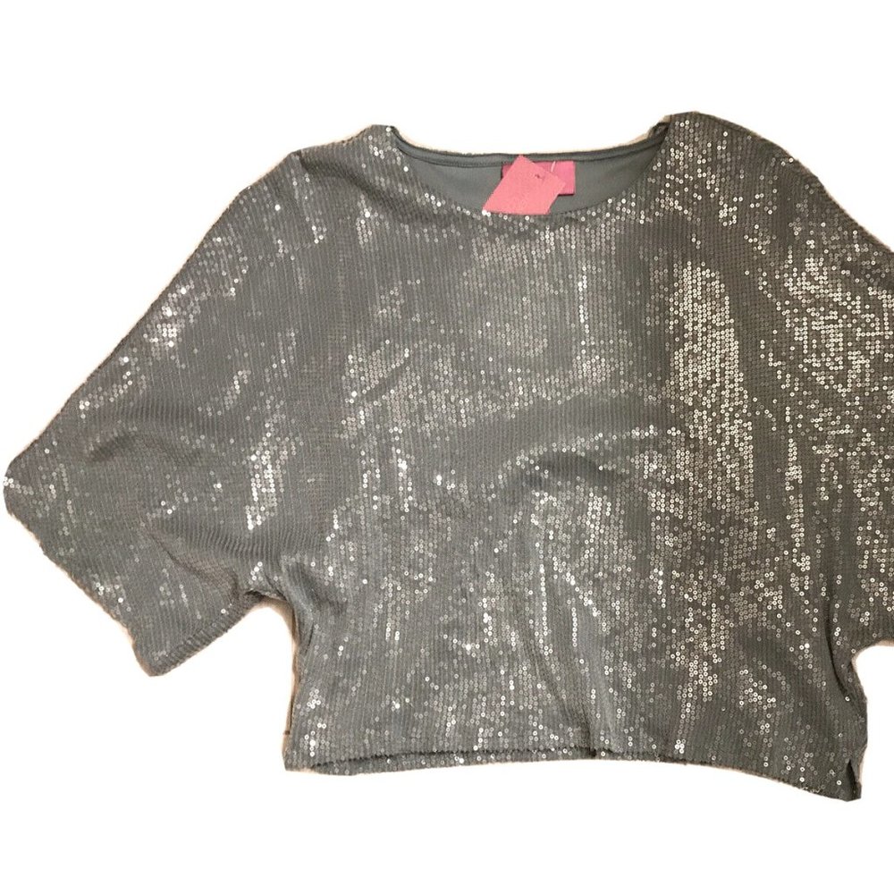jennifer lopez denim blue color sequin blouse XS, NWT, $48